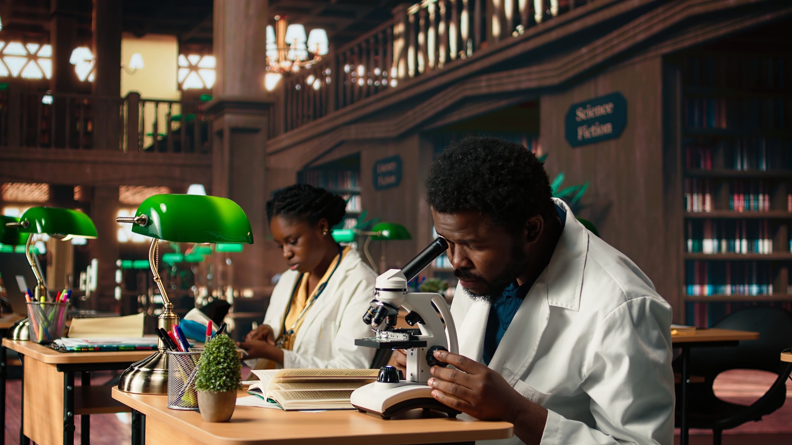Students in white lab coats studying with a microscope
